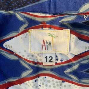 Blue,white & red printed cotton short dress. 2 pockets, shell buttons.